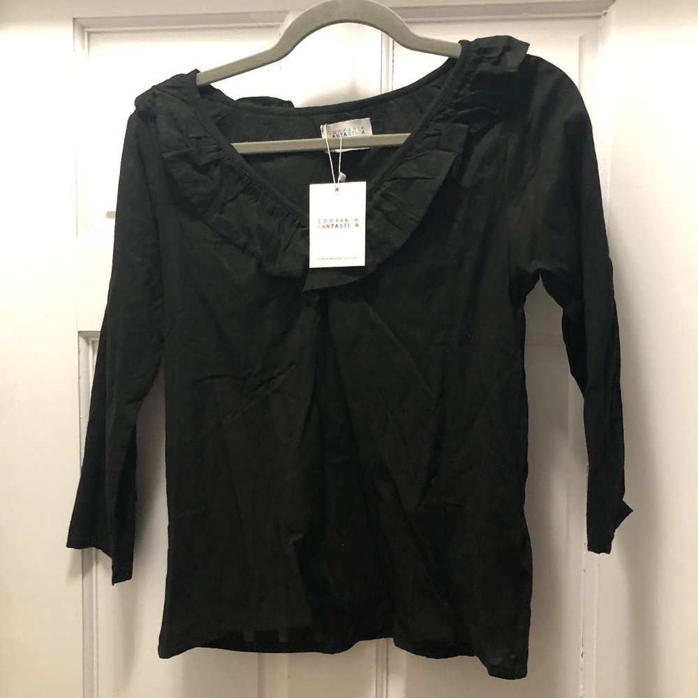 NWT Compañia Fantastica White Cotton Polka Dot V-neck Ruffle Top